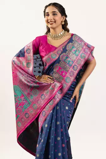 blue woven faux banarasi pashmina silk blend saree