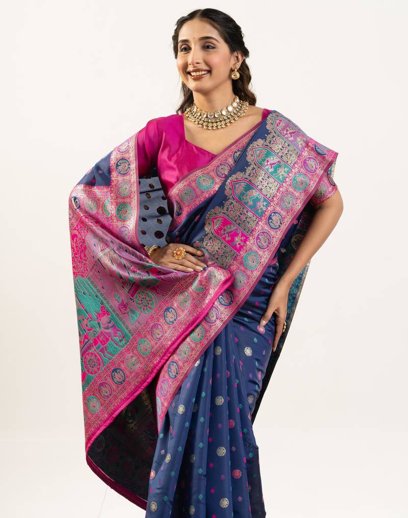 blue color woven designer banarasi pashmina silk blend saree