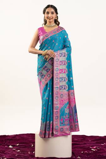 rama color woven designer banarasi pashmina silk blend saree