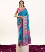 rama color woven banarasi pashmina silk blend saree