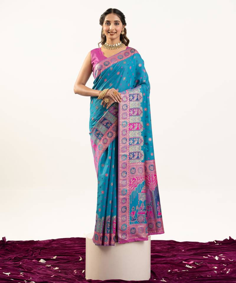 rama color woven designer banarasi pashmina silk blend saree