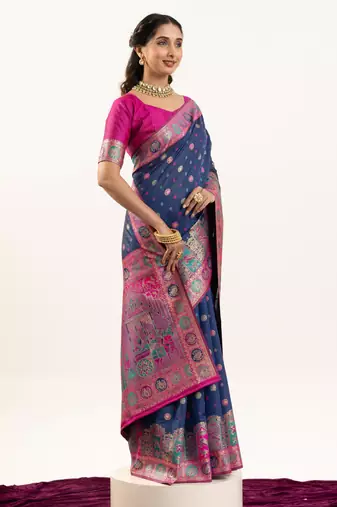 blue woven faux banarasi pashmina silk blend saree
