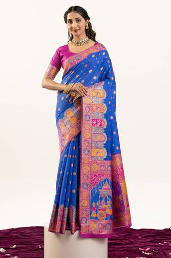 sky blue color woven designer banarasi pashmina silk blend saree