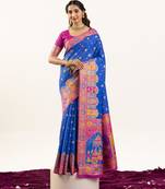 sky blue color woven banarasi pashmina silk blend saree