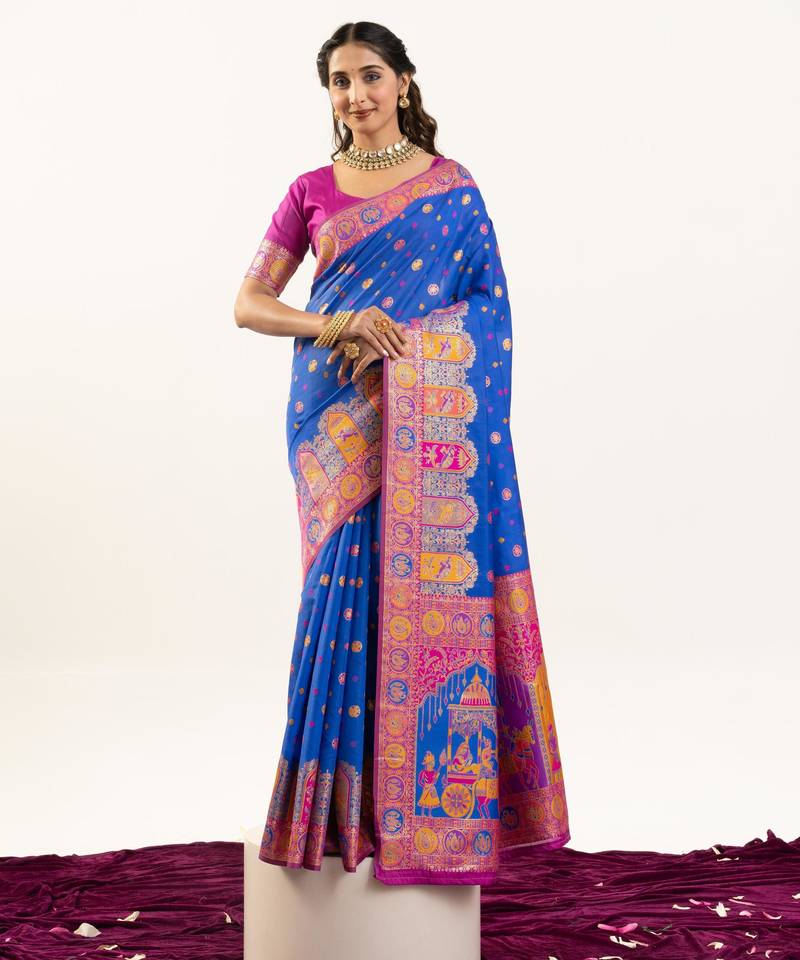 sky blue color woven designer banarasi pashmina silk blend saree