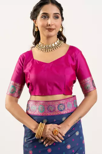 blue woven faux banarasi pashmina silk blend saree