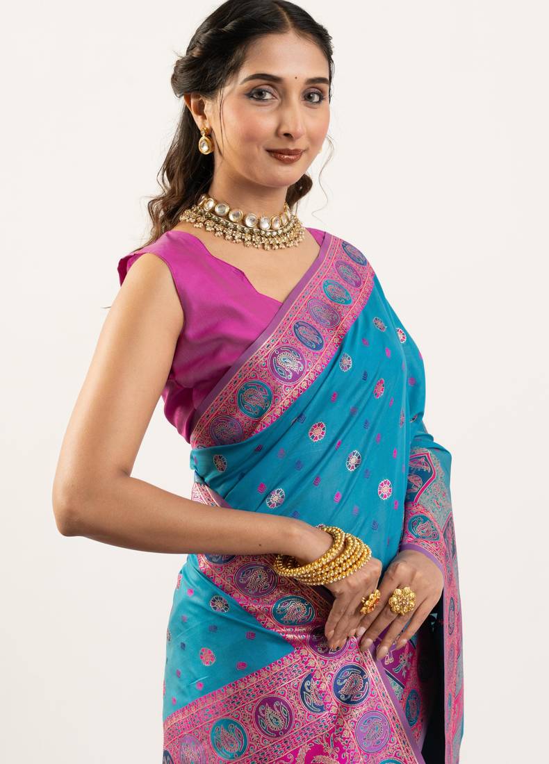 rama color woven designer banarasi pashmina silk blend saree