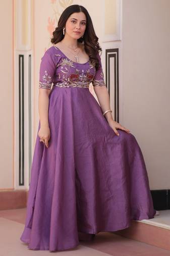 Purple Gold Crush Gown with Bead & Sequin Embroidery | Fully Stitched Women’s Festive & Partywear Gown