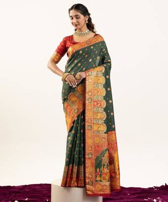 green woven faux banarasi pashmina silk blend saree 1