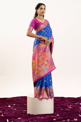 sky blue woven faux banarasi pashmina silk blend saree