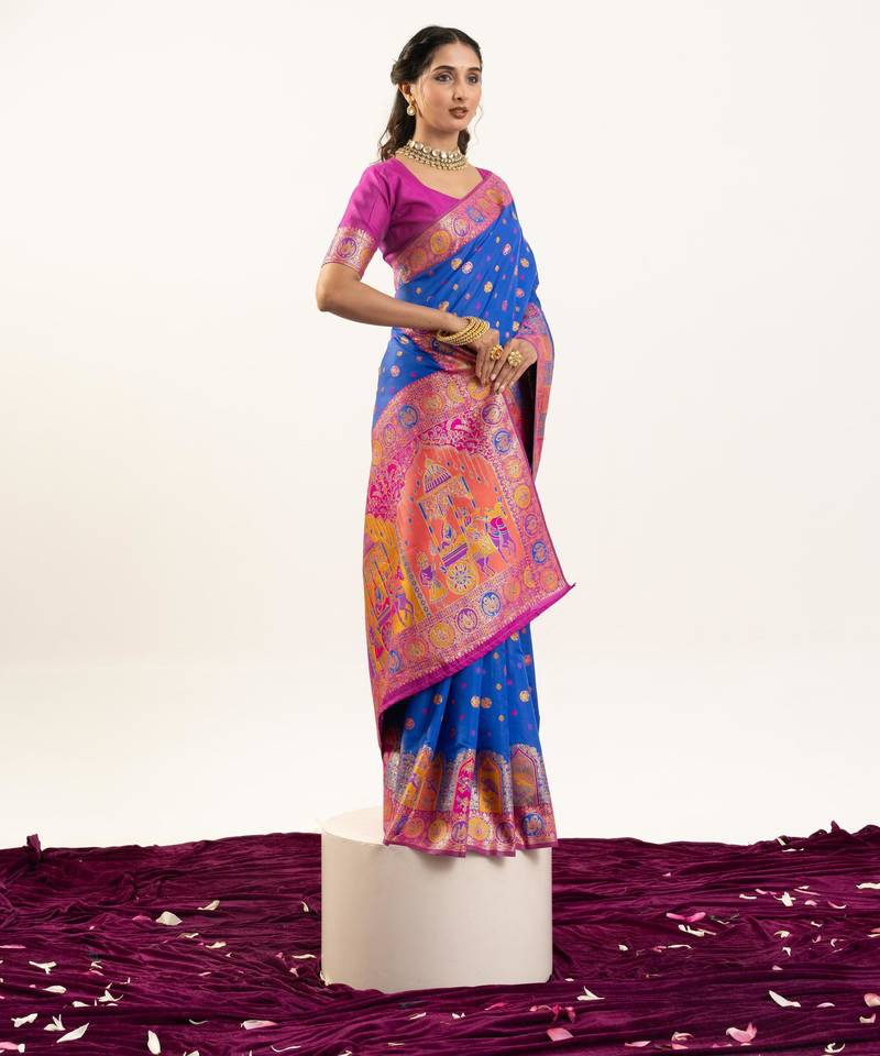 sky blue color woven designer banarasi pashmina silk blend saree