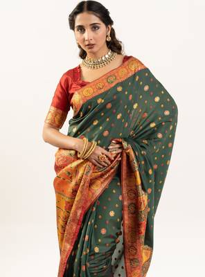 green woven faux banarasi pashmina silk blend saree 3