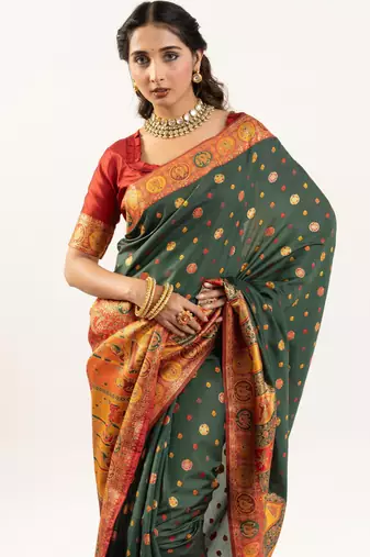 green woven faux banarasi pashmina silk blend saree
