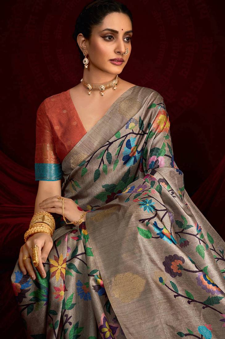 rust color soft silk blend fabric graceful partywear saree