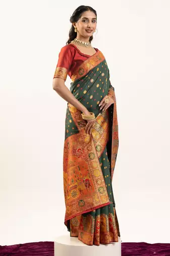 green woven faux banarasi pashmina silk blend saree