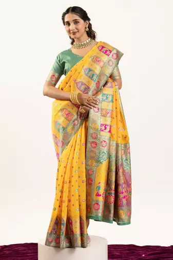 yellow color woven designer banarasi pashmina silk blend saree
