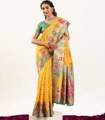 yellow color woven banarasi pashmina silk blend saree