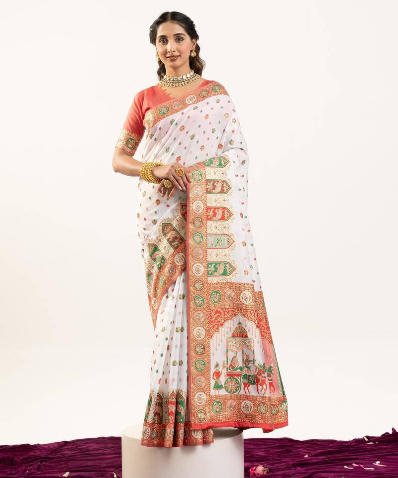 white color woven designer banarasi pashmina silk blend saree