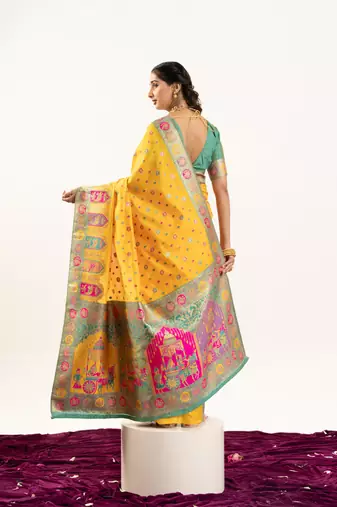 yellow woven faux banarasi pashmina silk blend saree