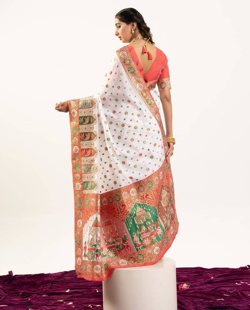 white color woven designer banarasi pashmina silk blend saree