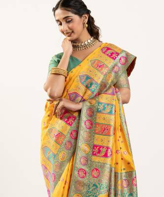 yellow woven faux banarasi pashmina silk blend saree 3