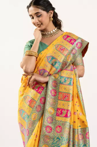 yellow woven faux banarasi pashmina silk blend saree