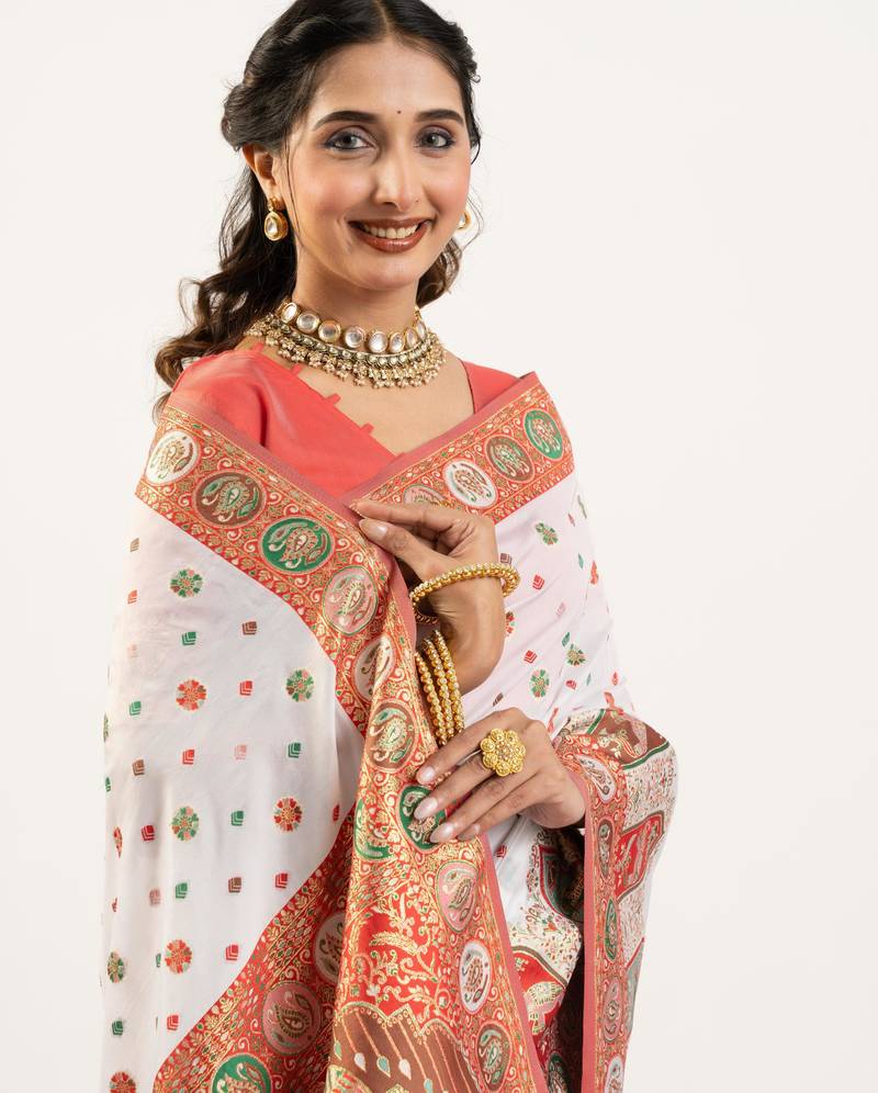 white color woven designer banarasi pashmina silk blend saree