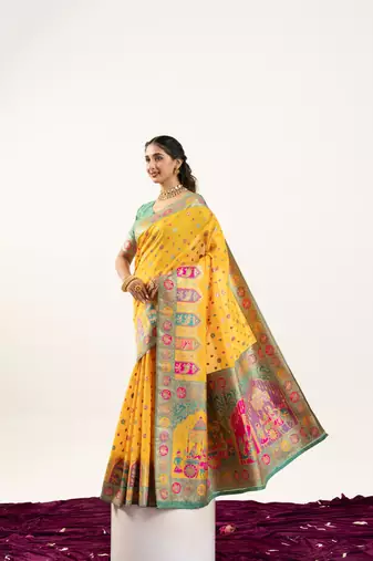 yellow woven faux banarasi pashmina silk blend saree
