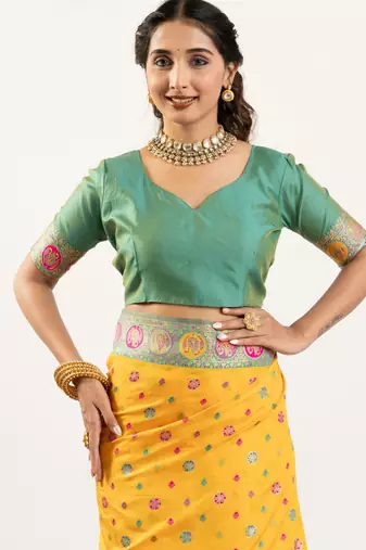 yellow woven faux banarasi pashmina silk blend saree
