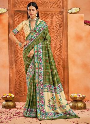 olive green velvet tussar silk blend partywear saree with paithani pallu and traditional ghatchola print 1