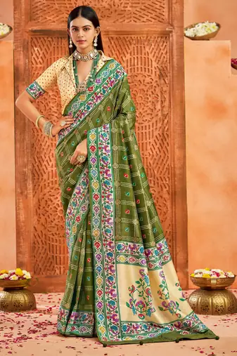 olive green color velvet tussar silk blend fabric partywear saree with paithani pallu and traditional ghatchola print