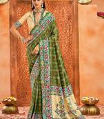 olive green color velvet tussar silk blend fabric partywear saree with paithani pallu and traditional ghatchola print
