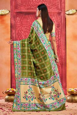 olive green velvet tussar silk blend partywear saree with paithani pallu and traditional ghatchola print 2