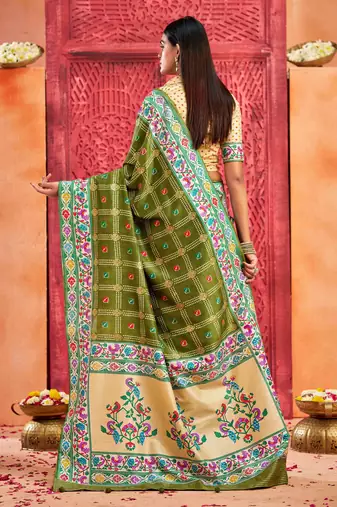 olive green velvet tussar silk blend partywear saree with paithani pallu and traditional ghatchola print