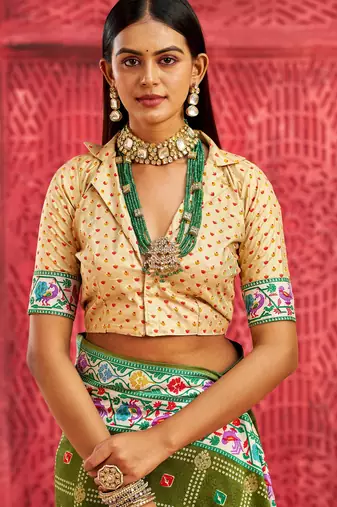 olive green velvet tussar silk blend partywear saree with paithani pallu and traditional ghatchola print