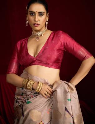 red soft silk blend graceful partywear saree 4