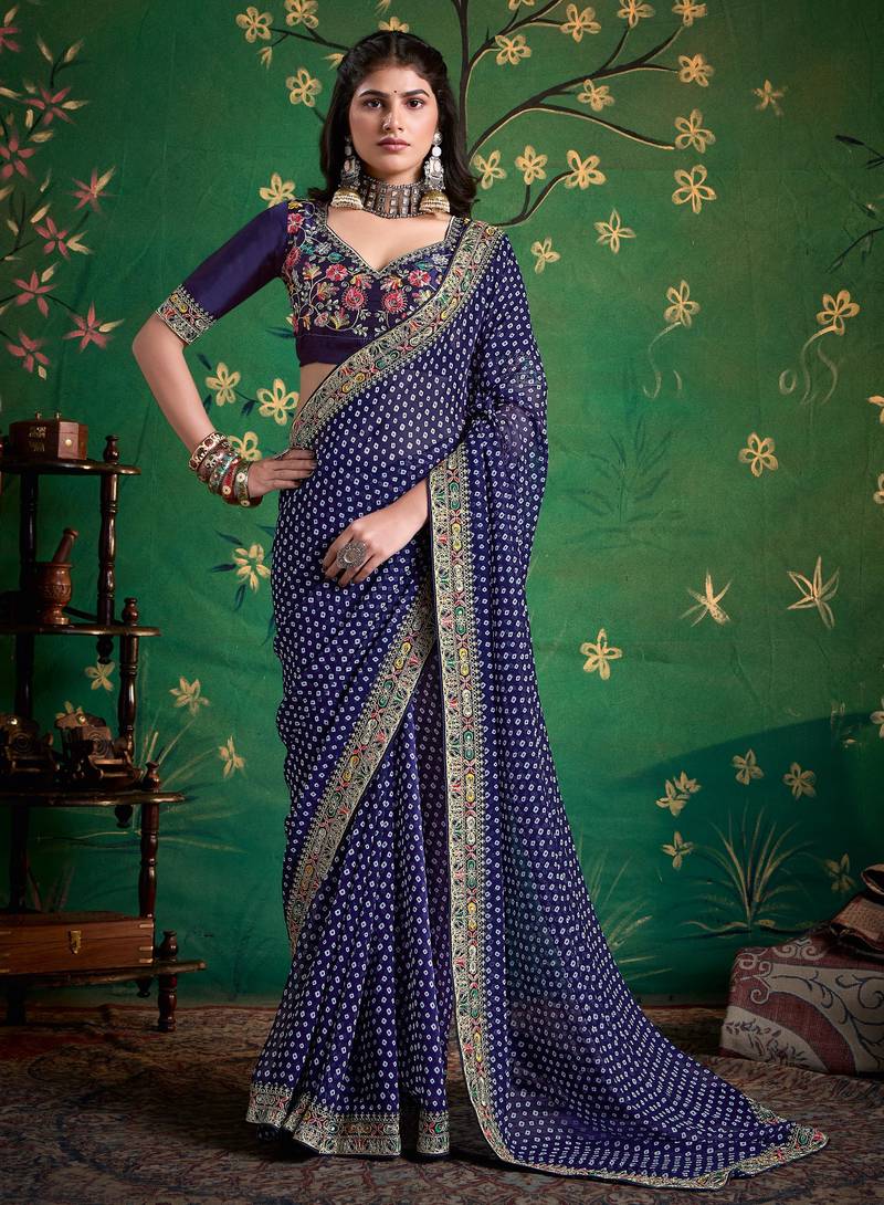 navy blue color faux fabric festive special partywear saree