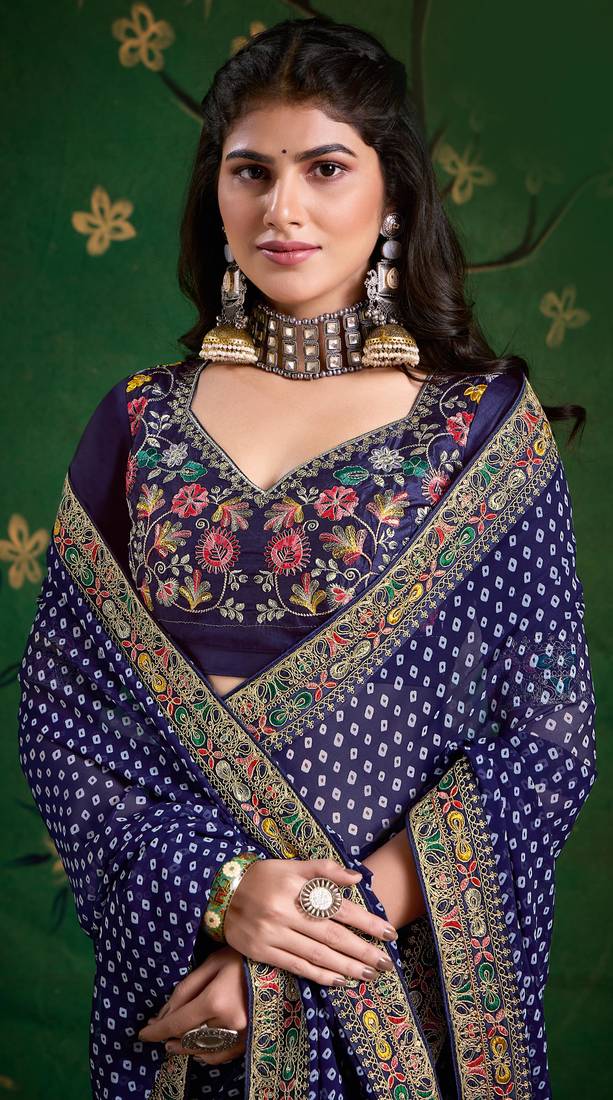 navy blue color faux fabric festive special partywear saree