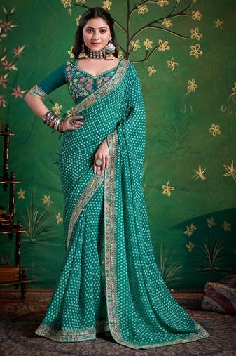 sea green color faux fabric festive special partywear saree