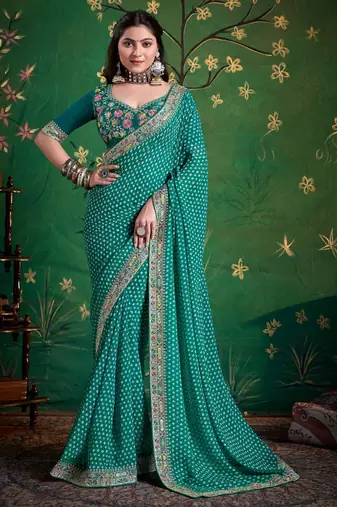 sea green color faux fabric festive special partywear saree