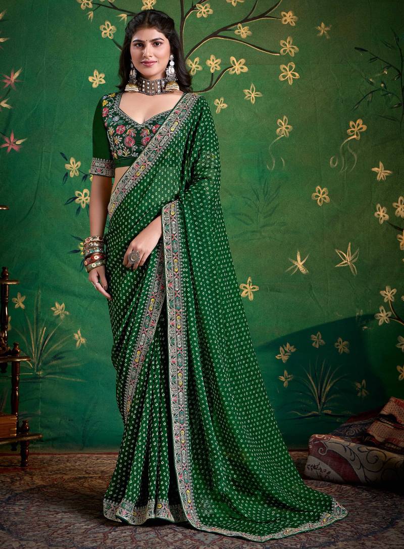 dark green color faux fabric festive special partywear saree