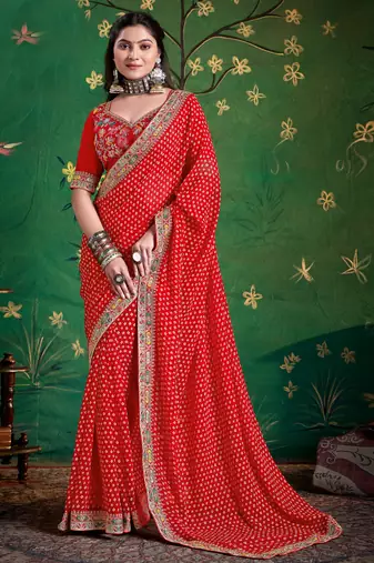red color faux fabric festive special partywear saree