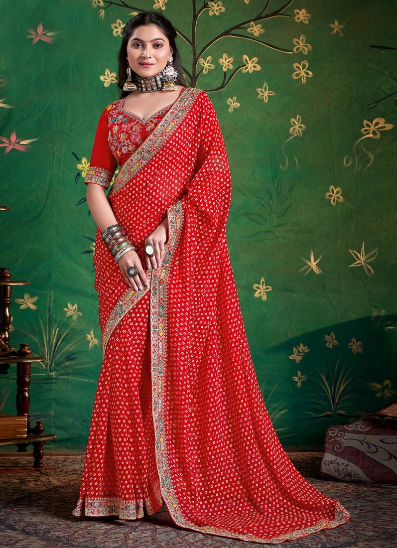 red color faux fabric festive special partywear saree