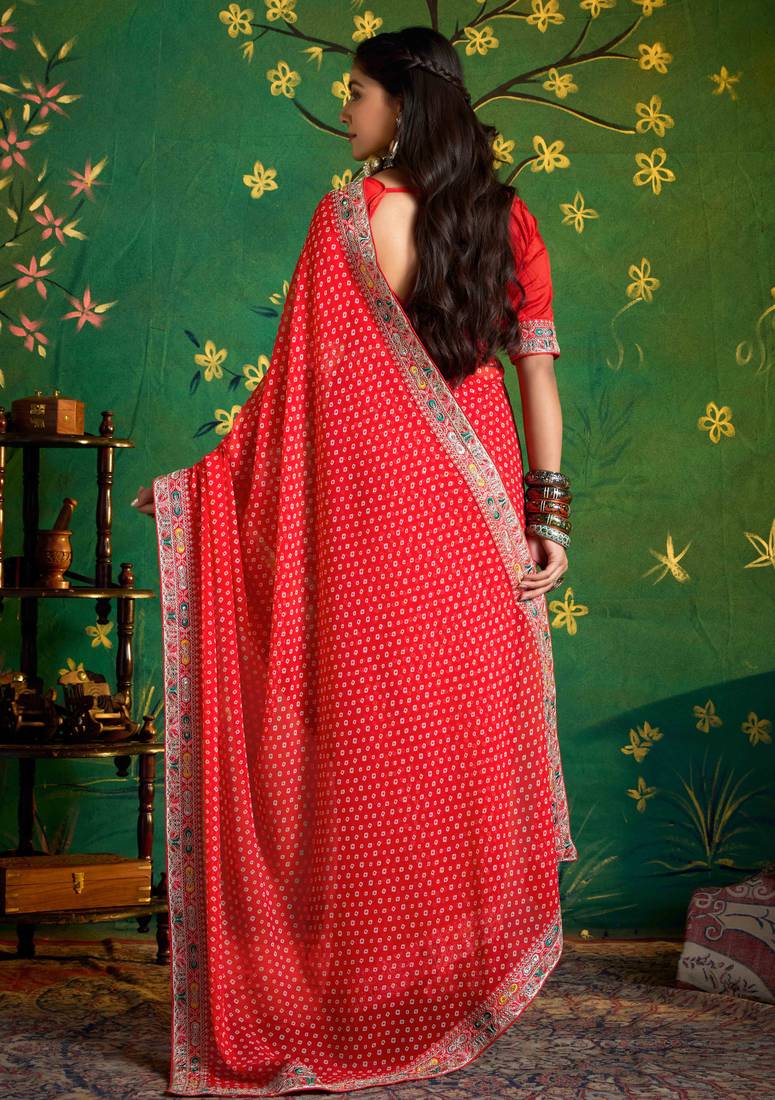 red color faux fabric festive special partywear saree