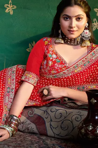 red faux festive special partywear saree