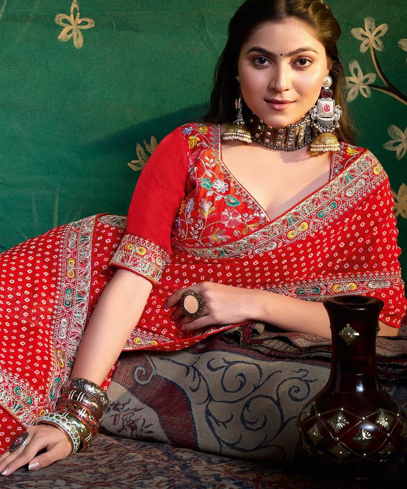 red color faux fabric festive special partywear saree