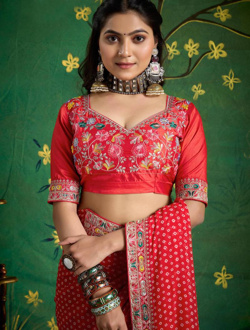 red color faux fabric festive special partywear saree