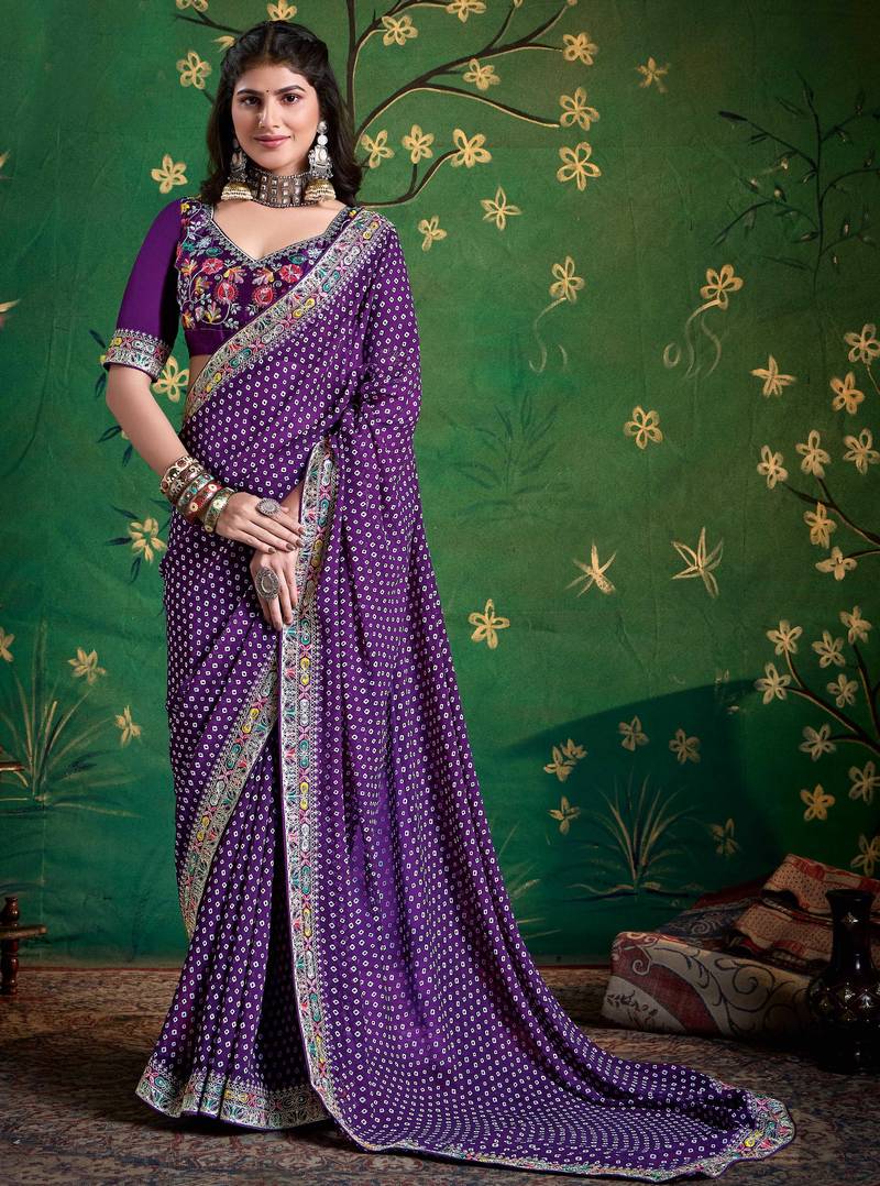 violet color faux fabric festive special partywear saree