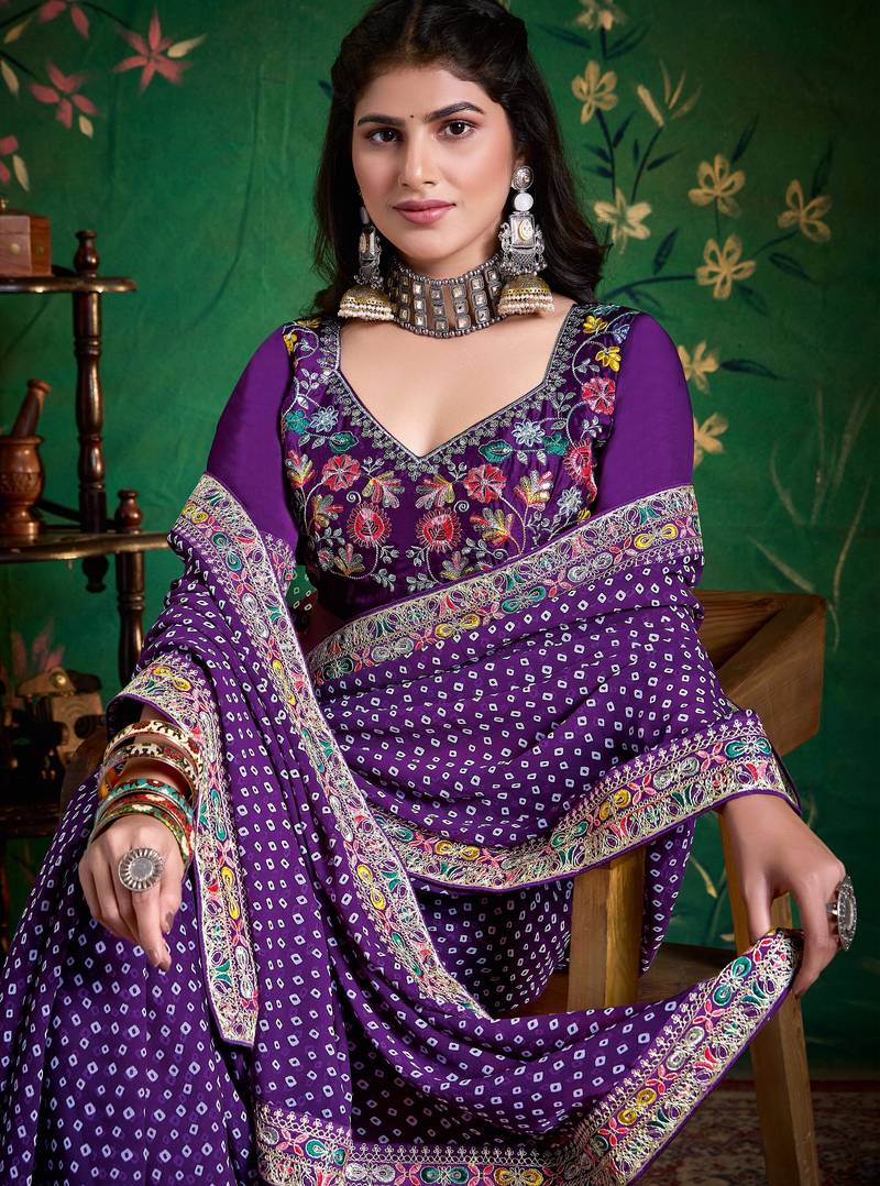 violet color faux fabric festive special partywear saree