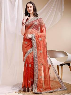 orange faux banarasi crush ethnic embroidered partywear saree 1